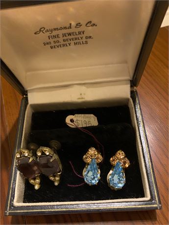 Austrian Blue Glass Drop Clip-On Earrings & Coro Deep Purple Screwback Earrings