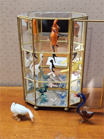 Small Glass & Brass Display Case with Blown Glass Figurines