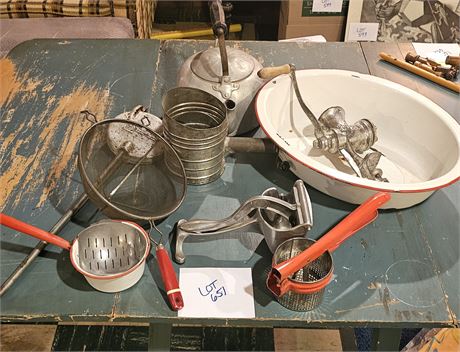 Vintage Kitchenware Kettle, Enamel Basin, Sifters & Much More