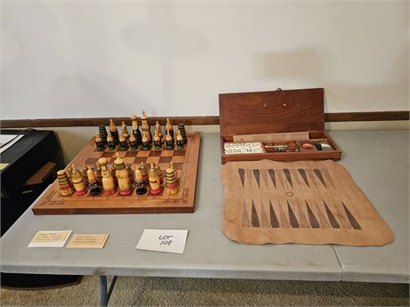 Vintage Wooden Chess Board & Pieces + Gamao Board Game - From Netherlands