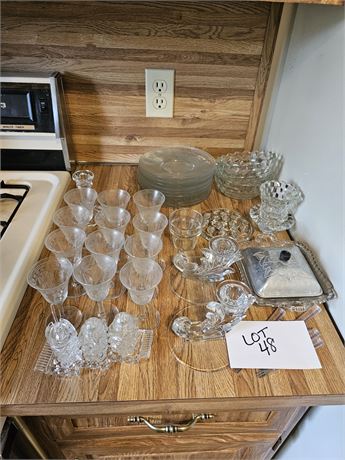 Mixed Vintage Etched Brandy Glasses/Candlesticks/Glass Plates & More