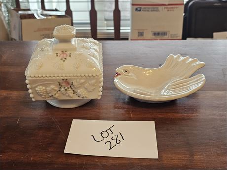 Westmoreland HP Rose Milk Glass Covered Candy Dish & Dove Soap Dish