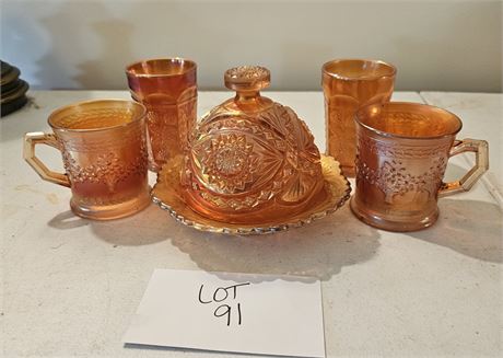 Vintage Marigold Carnival Fenton Butterfly & Berry Tumblers, Covered Butter Dish