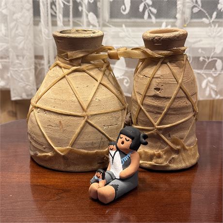 Vintage Moroccan Clay Drums and Native Clay Figurine