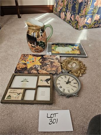 Mixed Decor Lot – WCL Fall Pitcher, Picture Frame, Clock, and More