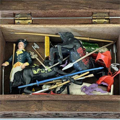 Carved Wood Box with Old Plastic Toys/Figures