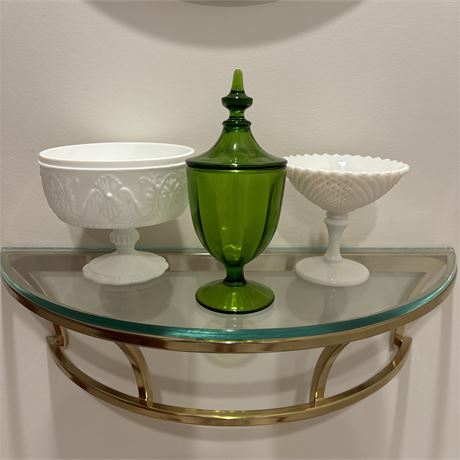 MCM Olive Green Covered Glass Candy Dish and Milk Glass Bundle