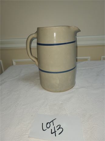 Large Vintage Pottery Pitcher with Blue Stripe