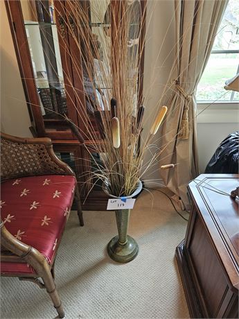 Metal Trumpet Vase with Faux Cattail Flowers