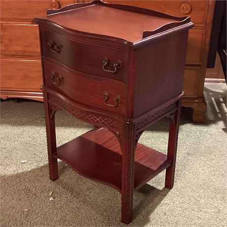 Vintage Mahogany 2-Drawer Side Table with Ornate Trim