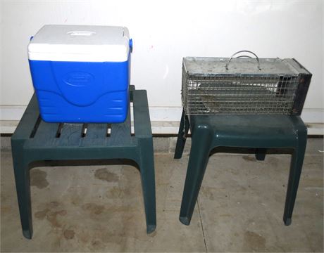 2 Outdoor Tables, Cooler, Small Animal Trap