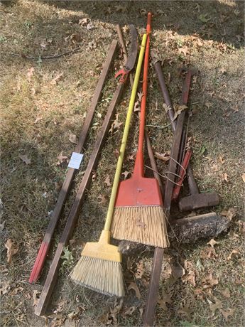 Yard Tool Lot - Brooms, Sledge Hammer & More