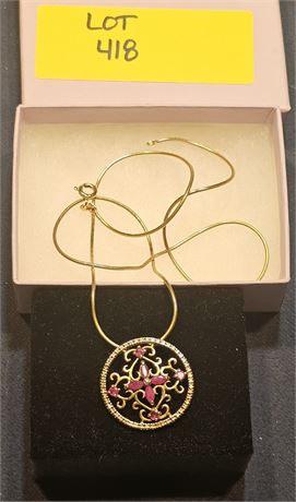 Sterling (Goldtone) Ruby & CZ Pendant & 16" Chain 0.22 ozt