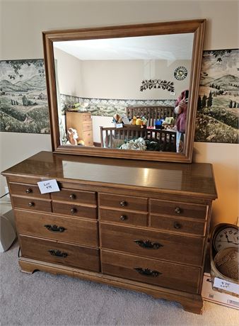 Vintage Wood Dresser and Mirror with Brass Pulls