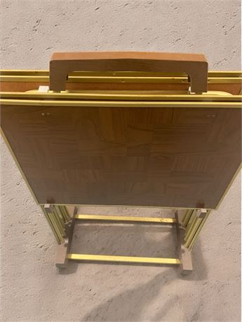 TV Table Tray Set MCM Faux Parquet Wood & Brass - Set of 4 (Vintage)