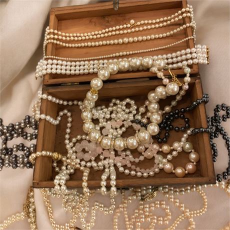 Wood Treasure Chest Jewelry Box, High Quality Faux Pearls, Bracelets