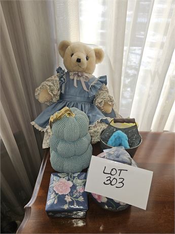 Mixed Shades of Blue Decor Lot – Ceramic Ginger Jar, Trinket Box, Stuffed Bear,