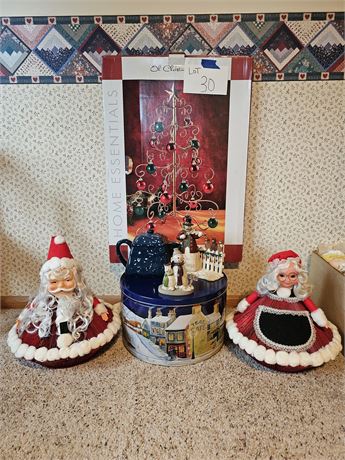 Mixed Christmas Lot: Ornament Tree / Mr & Mrs Santa Figurines & More