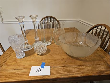 Mixed Clear Glass:Candlesticks/Flower Vases/Large Sunflower Salad Bowl & More