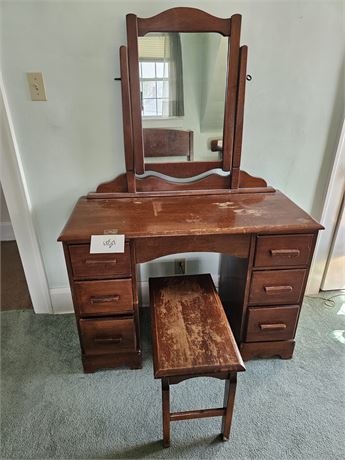 Solid Wood Vanity & Mirror with Wood Bench