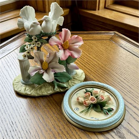 Capodimonte Italy Porcelain Doves and Flowers Sculpture and Round Wall Plaque