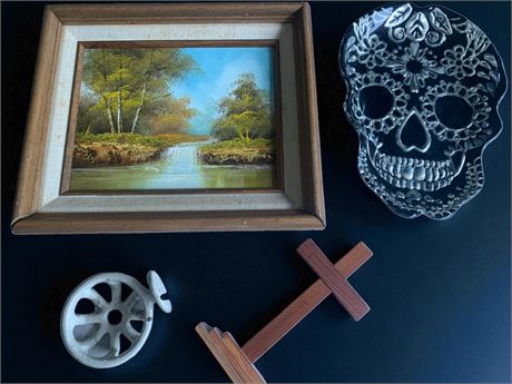 Home Decor Lot - Day of the Dead Skull Tray, Painting, Wooden Cross & More
