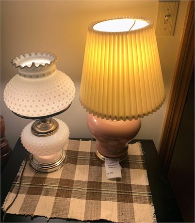 Vintage White Hobnail Milk Glass Hurricane Lamp & Art Deco Ginger Jar Lamp