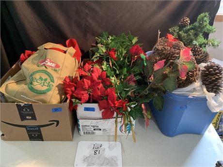 Christmas Crafting Lot Faux Poinsettias Pine Cones Grapes Red Felt Ribbon Bows