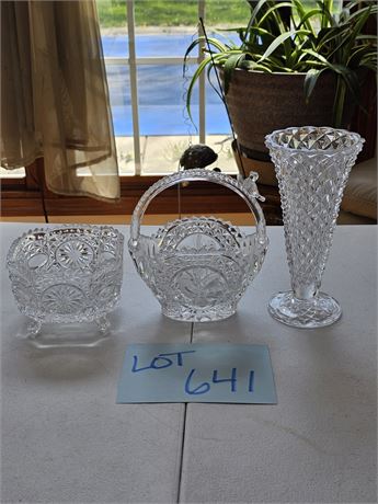 Hofbauer Byrdes Squared Footed Bowl/Handled Bird Basket & Indiana Glass Vase