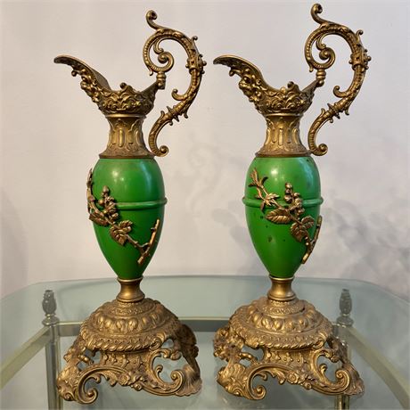 Pair of Antique Victorian Painted Metal Ewers - 15.5"T