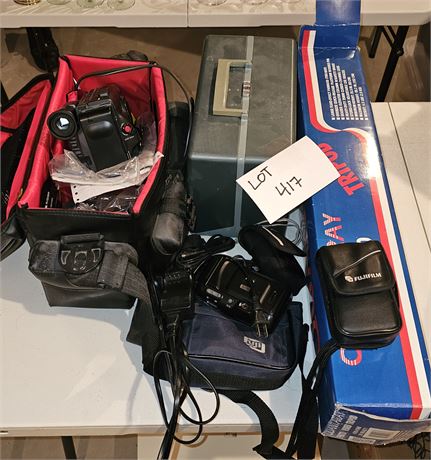 Mixed Camera Lot: Tripot, Fuji Cameras, Sony Video Camera, Projector & More