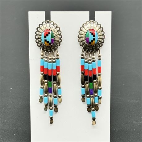 Vintage Native American Sterling Silver w/ Inlay Beaded Dangle Earrings