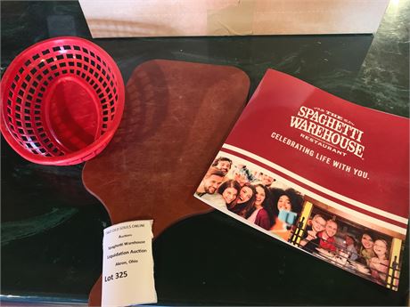 1 Wooden Bread Serving Paddle Board, & 1 Red Plastic Basket, 1 SW Menu