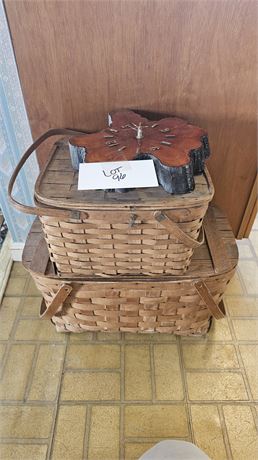 Vintage Picnic Baskets & Wood Wall Clock