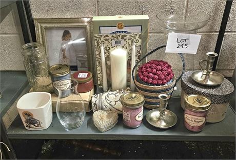 Mixed Decor Lot- Candles, Picture Frame, Candle Holders & More