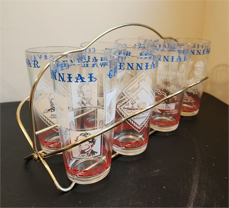 Vintage Set of 8 Civil War Centennial Tumbler Glasses in Metal Carrier