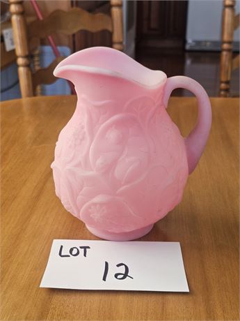 Fenton Pink Satin Raised Waterlily Glass Pitcher