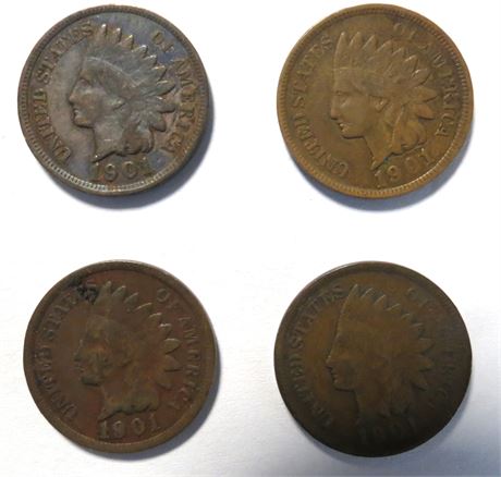4 1901 Indian Head Pennies