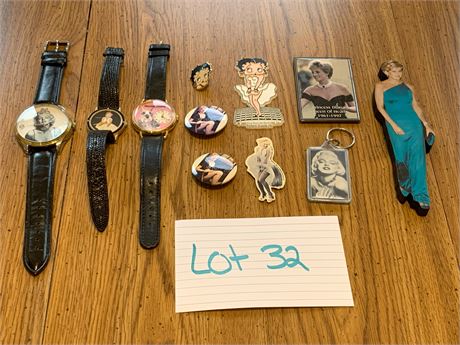 Marilyn Munroe, Princess Diana, Betty Boop Collectibles: Watches, Pins, Keychain