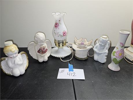 Milk Glass Painted Floral Chimney Lamp/Cherub Figurines/Floral Ceramic Box&More