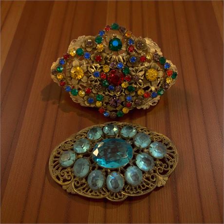 Art Deco Czech Open-Work Multi-Colored Paraíba Rhinestone Brooch