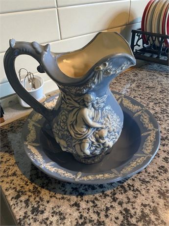 Jasperware Blue & White Pitcher/Basin Set