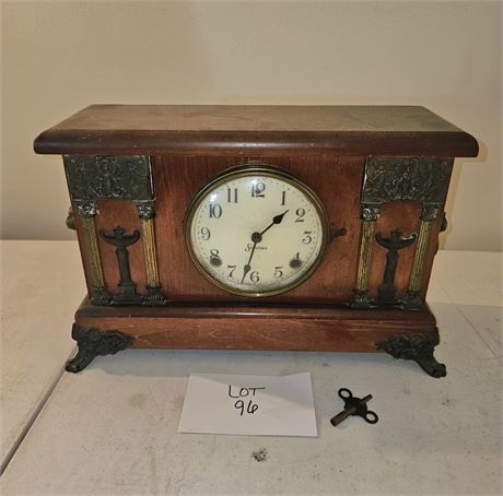 Antique Session Wood & Metal Mantel Clock With Urn & Lion Embellished Trim