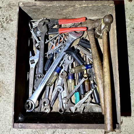 Wood Crate Filled with Mixed Hand Tools - Wrenches, Screwdrivers and More