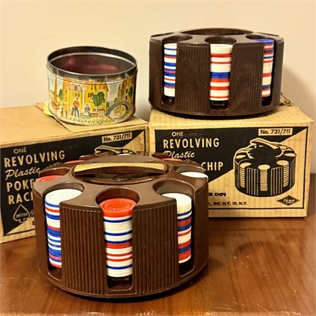 Pair of E.S. Lowe Poker Chip Caddies w/ Chips Original Boxes