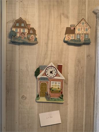 Vintage Burwood Set Of Three Wall Art House Shaped Plaques One With Clock