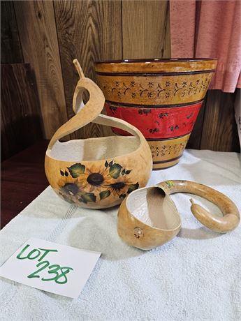 Hand Painted Gourd Bowl & Spoon + Italy Clay Flower Pot