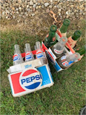 Vintage 12 Pack Glass Pepsi And 7-Up Bottle Lot With Cardboard Cases