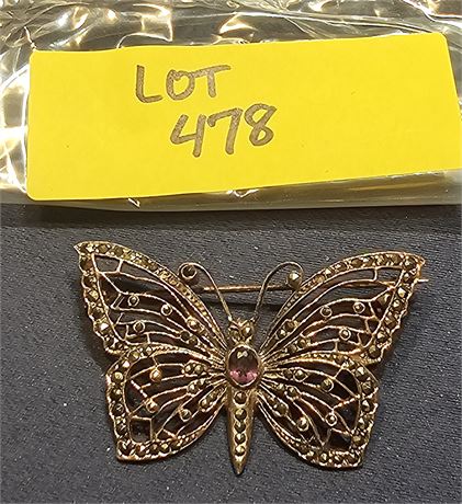 Sterling Steelcut Marcasite Butterfly Brooch 1.5" x 2" 0.27 ozt