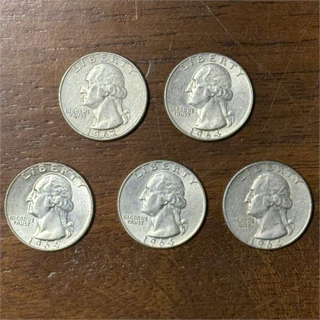 Lot of 5 Washington Silver Quarters 1962-1964